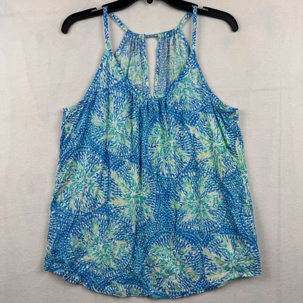 Lilly Pulitzer Tank Top Womens Large Blue‎ Green Floral Sleeveless Halter